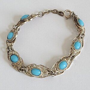 Vintage Antique Boho Sterling Silver Turquoise Cabochon Filigree Chain Bracelet